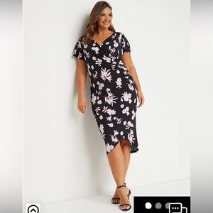 🆕 Lane Bryant Wrap Style Side Ruching Slit Leg Pink Floral Black Midi Dress